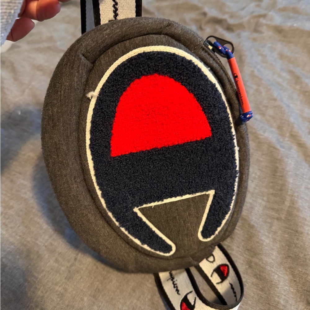 Champion Round Crossbody Pouch in Gray with Red & Navy Patch